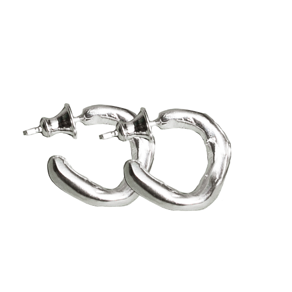 solid recycled silver hoop earrings with organic shapes, creases and texture.