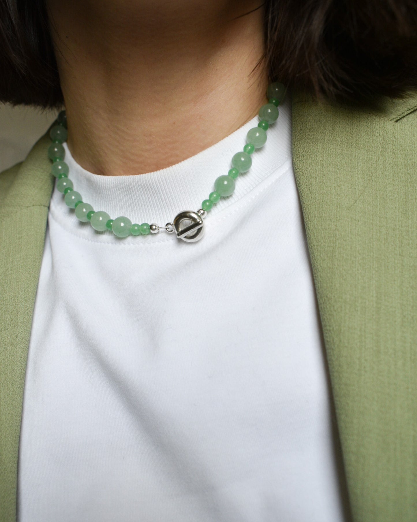 mojito green round semi precious stone bead necklace. large and small round aventurine beads. finished with solid recycled silver toggle clasp in doughnut shape.