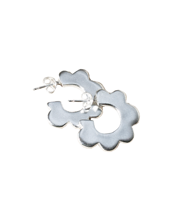 fun playful scallop flower shaped hoop earrings in solid recycled shiny silver with push backs.