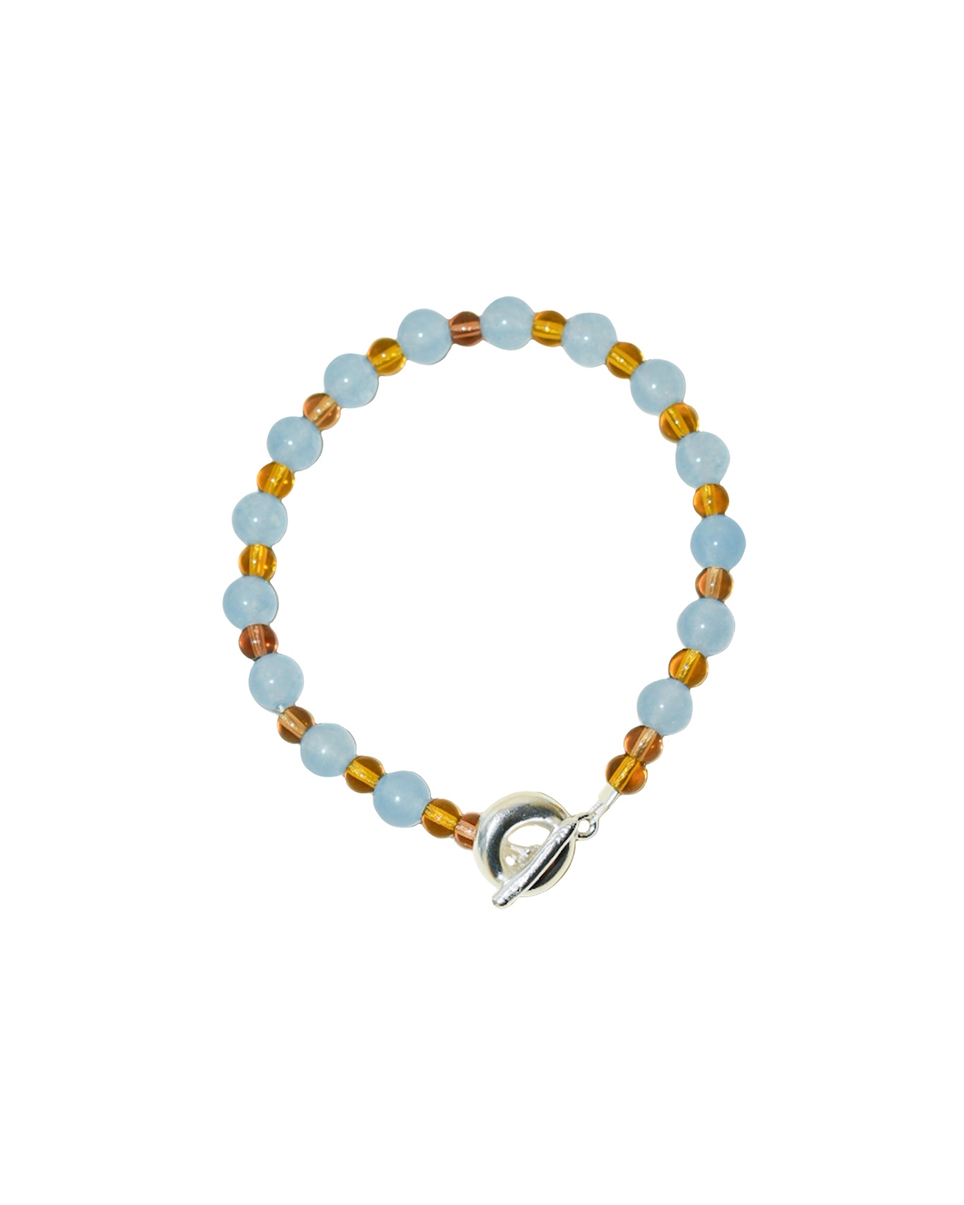 colourful beaded necklace in brown glass beads and baby blue jade semi precious stones. finished with hand carved solid recycled silver doughnut clasps.