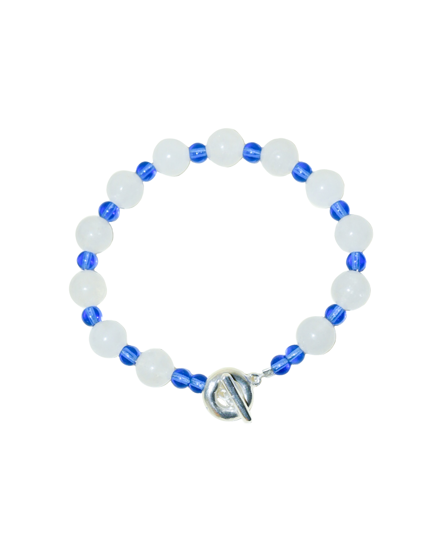 icicle beaded bracelet. blue and white with glass beads and large round white jade. finished with solid recycled silver doughnut toggle clasp.