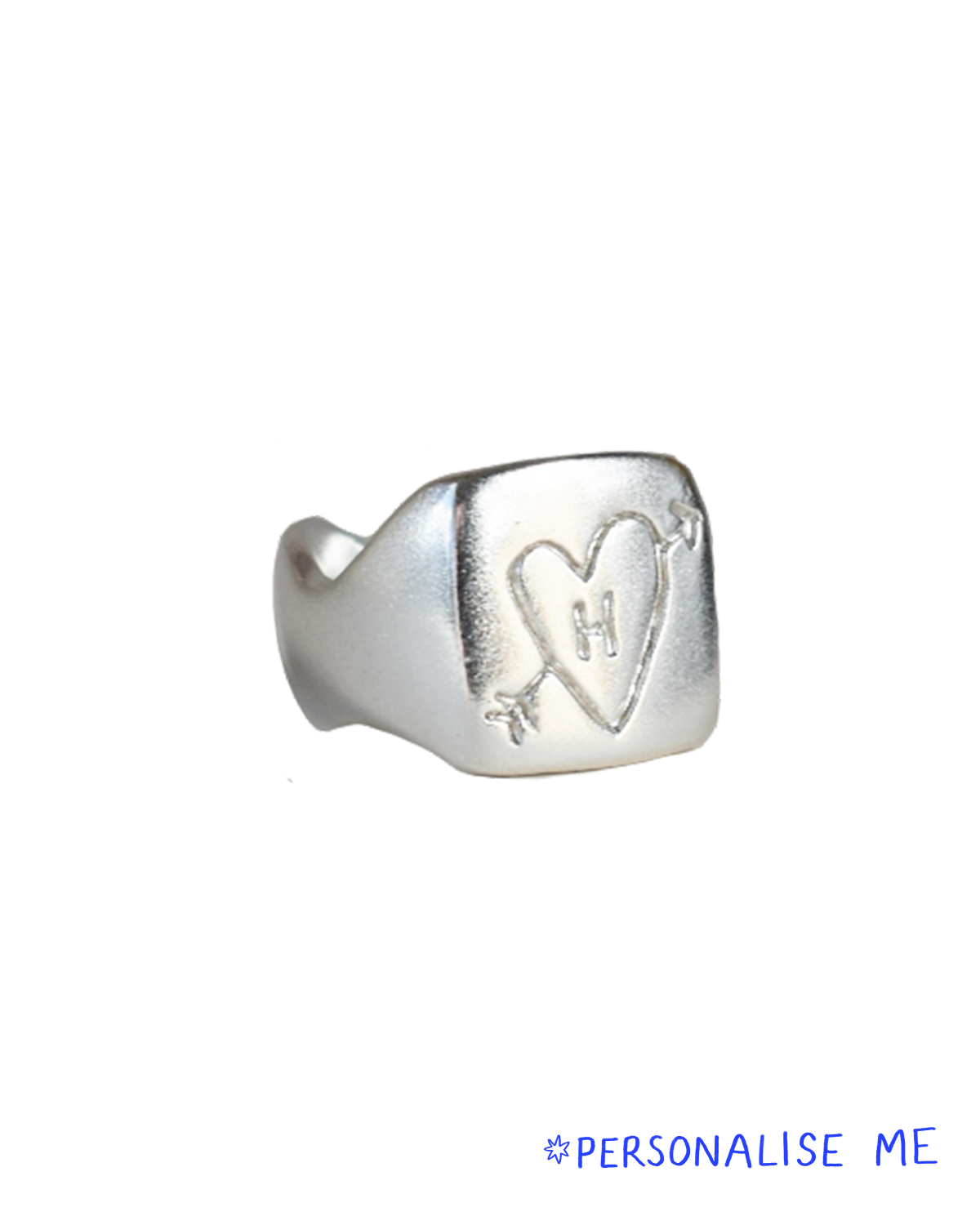 hand carved solid silver wave band square signet ring with etched heart and arrow doodle and initial personalised