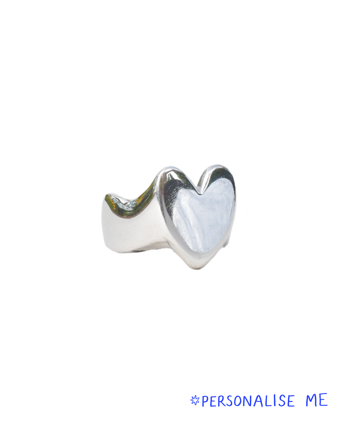 hand carved heart shaped signet ring with waved band and organic wobbly shape. shiny solid recycled silver. eco metal.