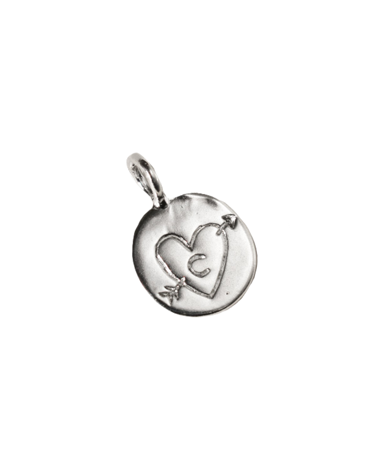 hand carved and personalised solid recycled silver pendant. etched into with doodle of a heart and arrow and initial.