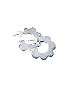 fun playful scallop flower shaped hoop earrings in solid recycled shiny silver with push backs.