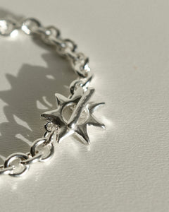 solid recycled silver heavy quality chain bracelet with hand carved star shaped toggle clasp