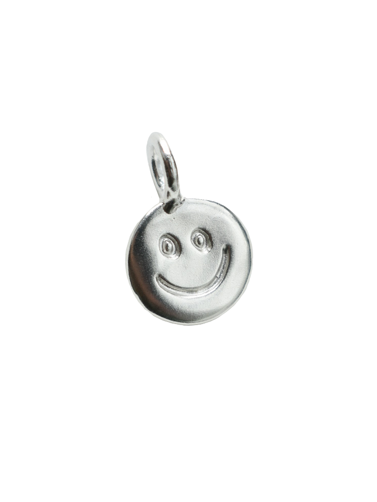 smiley hand carved doodle on a silver shiny disk pendant 