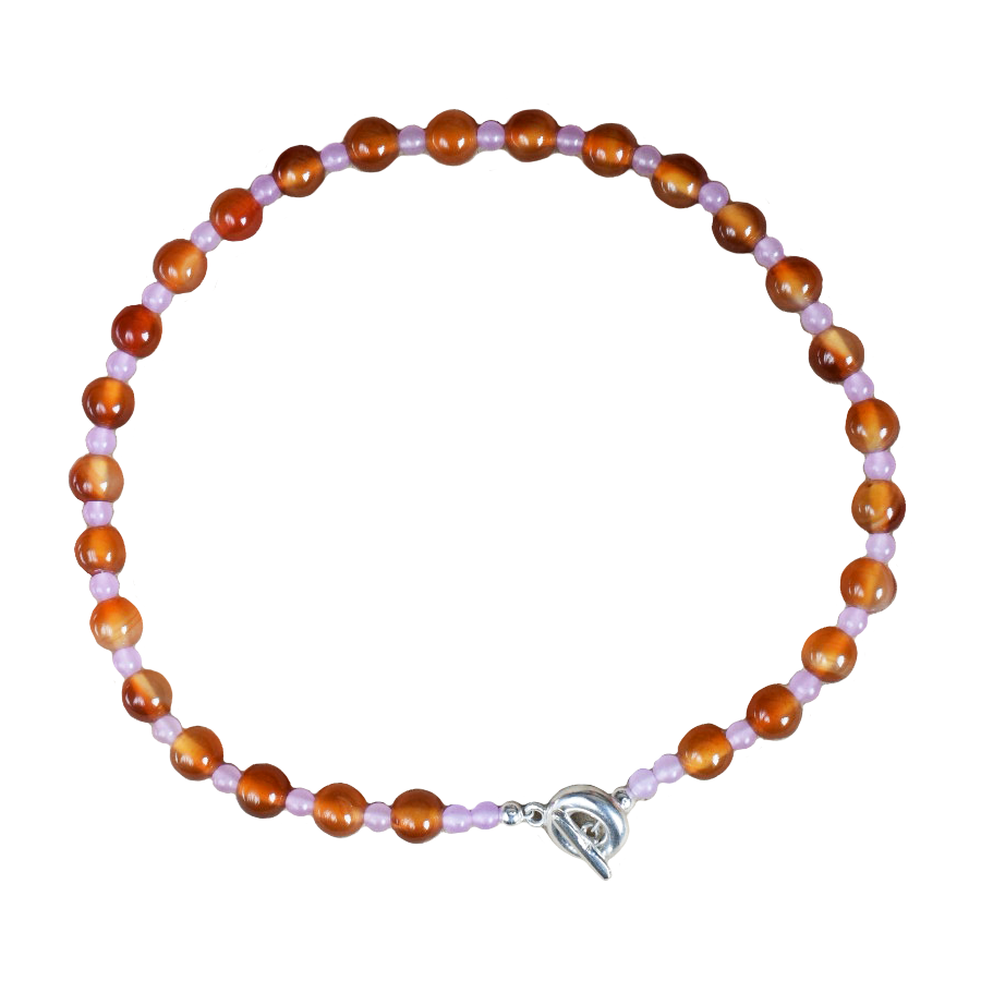 beaded necklace made of colourful stones and solid recycled silver doughnut toggle clasp. the necklace is orange and lilac purple with carnelian and lilac dyed jade.