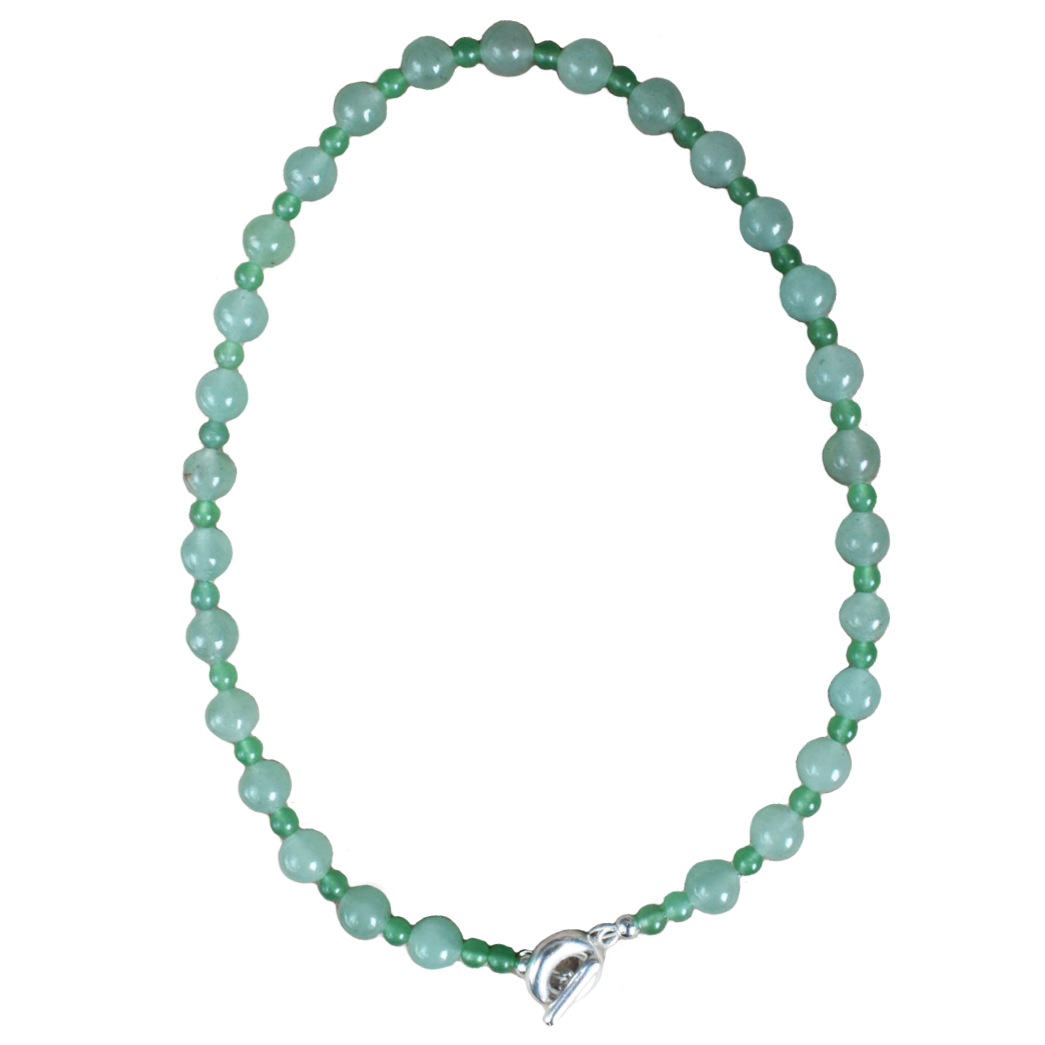 mojito green round semi precious stone bead necklace. large and small round aventurine beads. finished with solid recycled silver toggle clasp in doughnut shape.