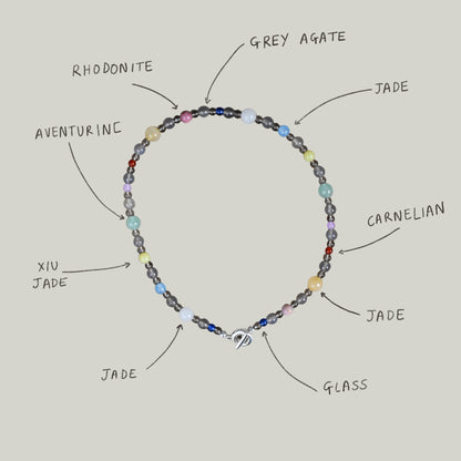 a colourful beaded necklace in a neutral brown grey base with coloirful stone and glass beads scattered. blue jade, agate, carnelian, aventurine. finished with solid recycled silver doughnut toggle clasp.