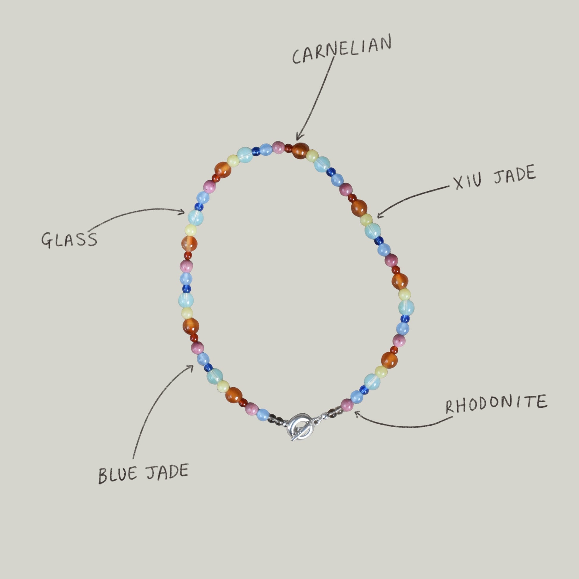 colour party beaded bracelet, bright rainbow stone and glass beads. blue jade, agate, carnelian, rhodonite. finished with solid recycled silver doughnut toggle clasp.