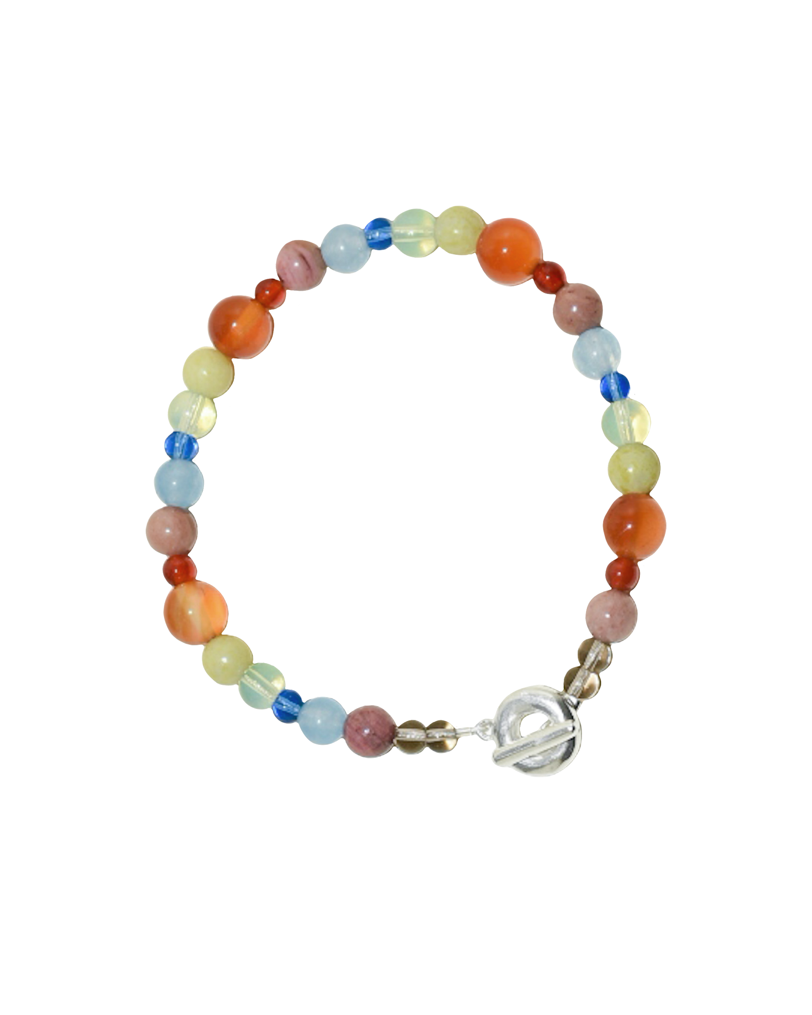 colour party beaded bracelet, bright rainbow stone and glass beads. blue jade, agate, carnelian, rhodonite. finished with solid recycled silver doughnut toggle clasp.