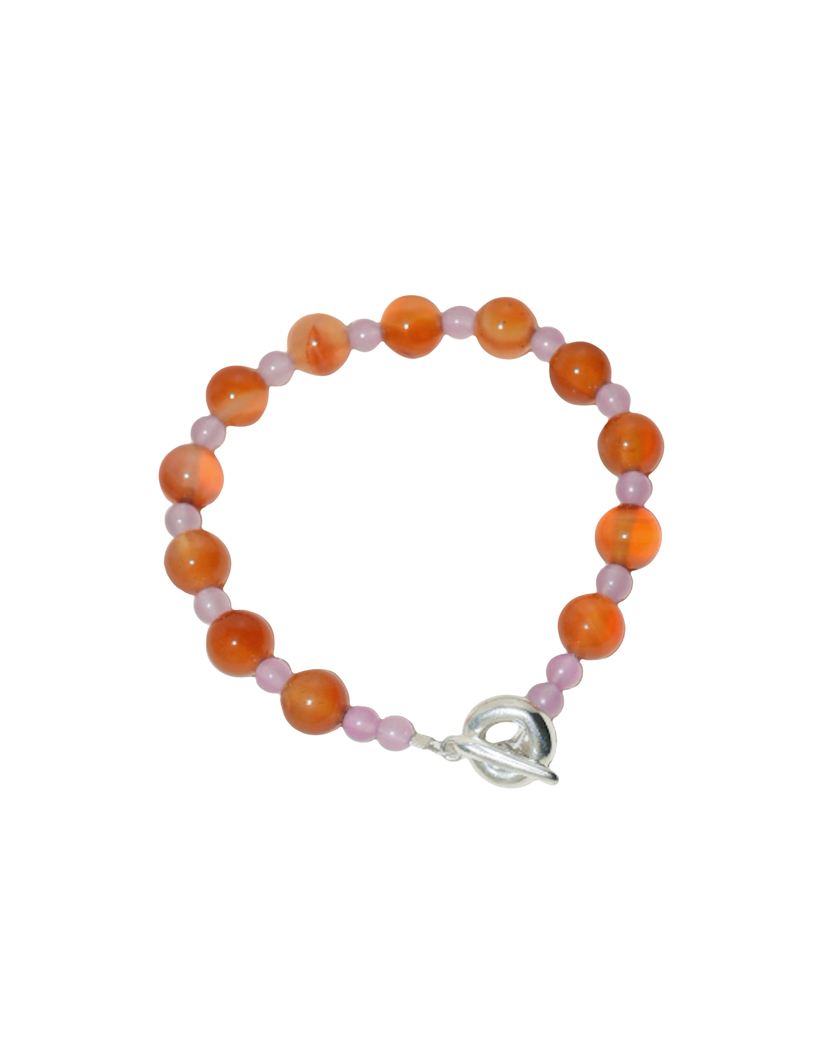beaded bracelet made of colourful stones and solid recycled silver doughnut toggle clasp. the bracelet is orange and lilac purple with carnelian and lilac dyed jade.