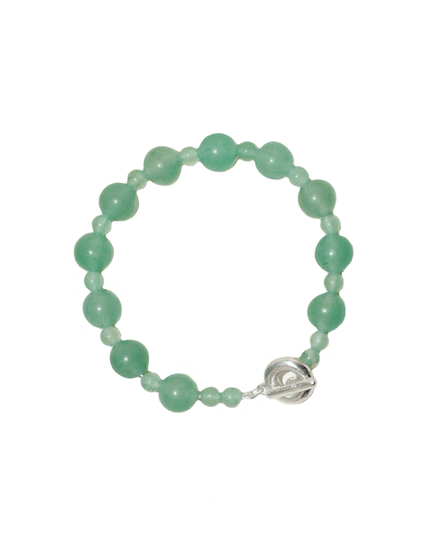 mojito green round semi precious stone bead bracelet. large and small round aventurine beads. finished with solid recycled silver toggle clasp in doughnut shape.