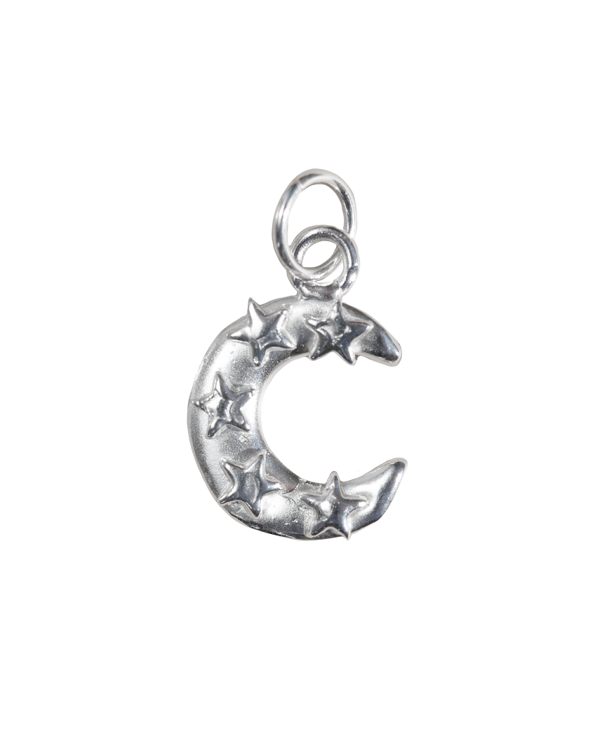 crescent moon solid recycled silver with 3d raised stars
