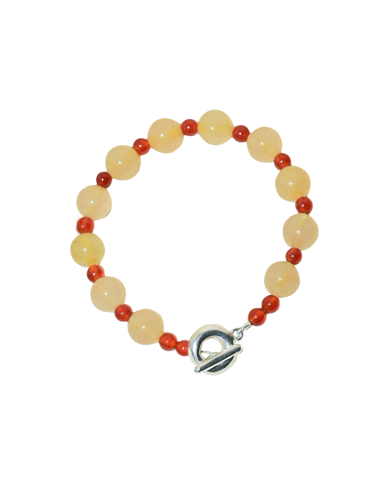 peach melba round smooth colourful beaded braclelet with red carnelian and yellow jade. finished with solid silver doughnut shaped clasp.