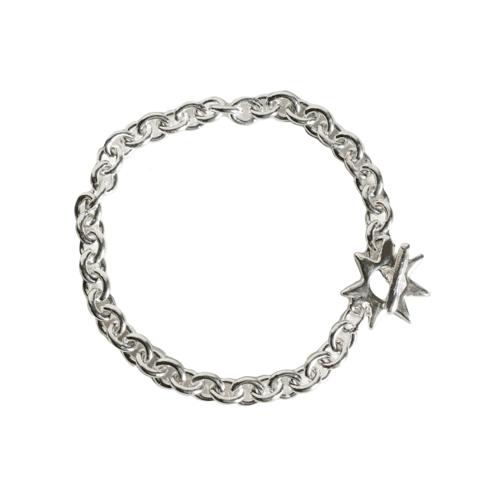 STARBURST BRACELET WITH HIGH QUALITY HEAVY SOLID RECYCLED ECO SILVER CHUNKY CHAIN HAND CARVED ORGANIC SHAPE STAR TOGGLE CLASP 
