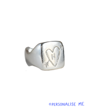 Load image into Gallery viewer, hand carved solid silver wave band square signet ring with etched heart and arrow doodle and initial personalised
