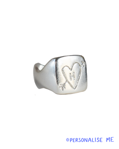 hand carved solid silver wave band square signet ring with etched heart and arrow doodle and initial personalised