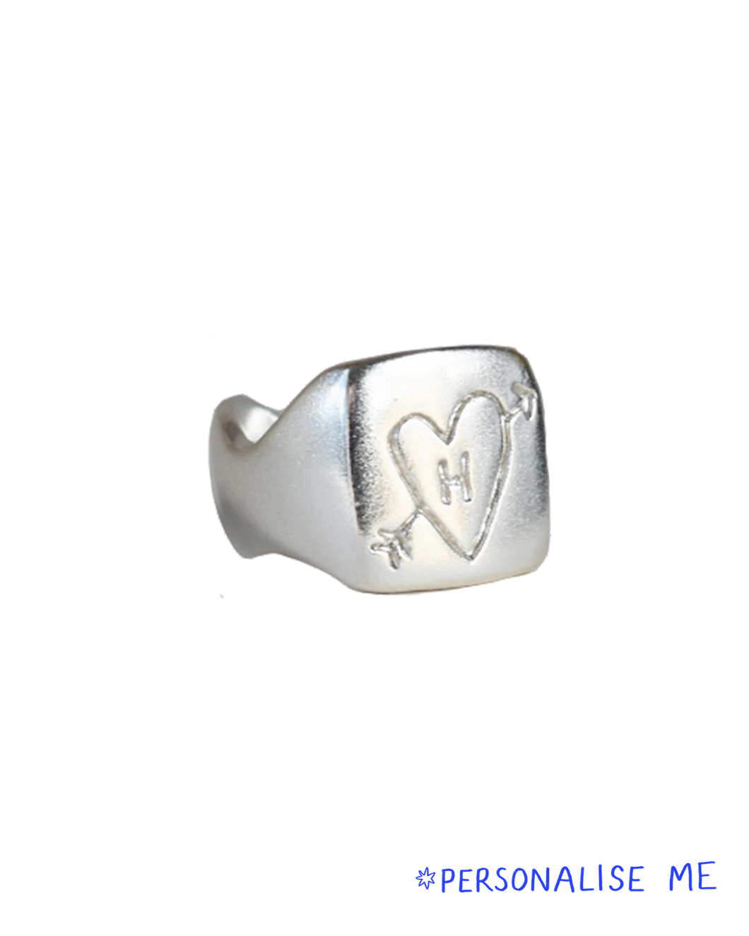 hand carved solid silver wave band square signet ring with etched heart and arrow doodle and initial personalised