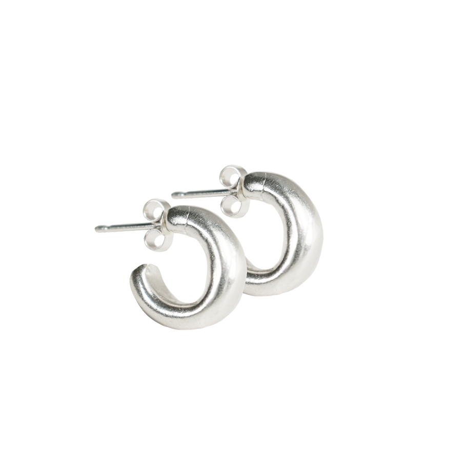 small simple smooth round minimal huggy hoop earrings. solid eco recycled silver with push backs.