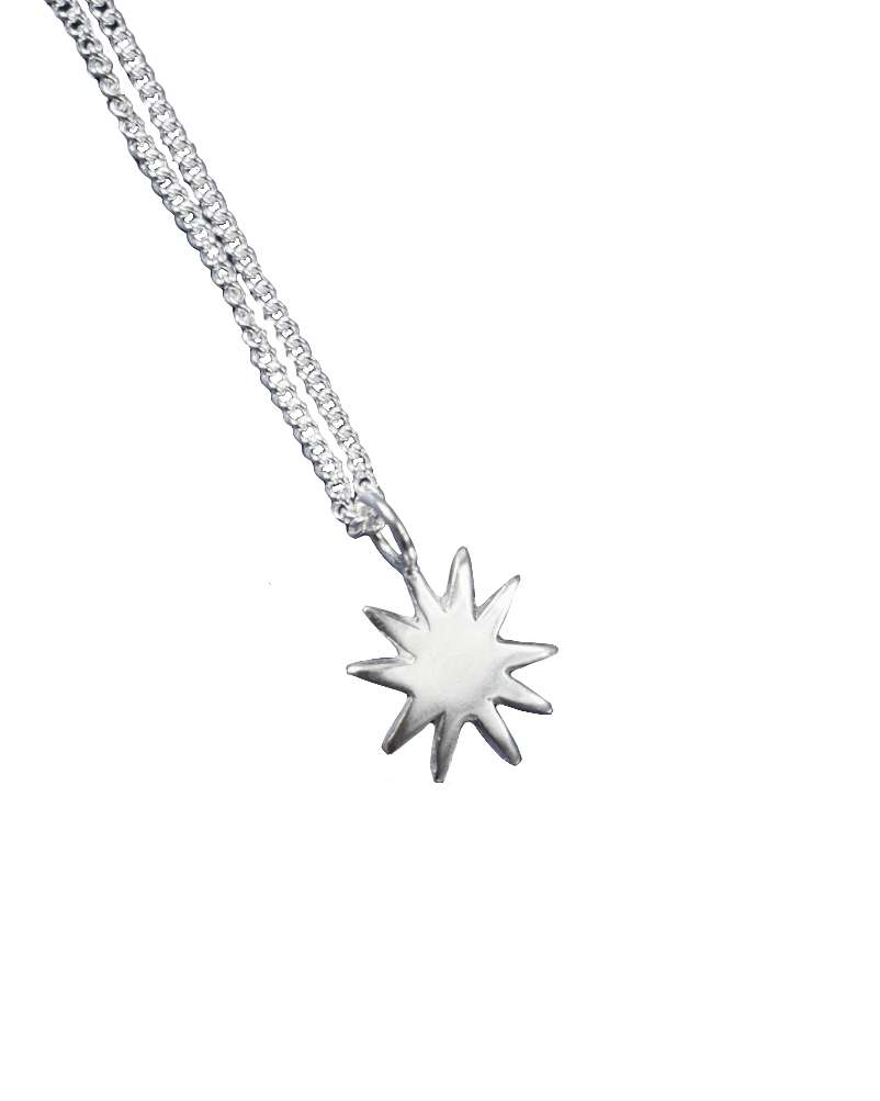 dahlia star shaped solid eco recycled silver pendant on a slim silver chain necklace